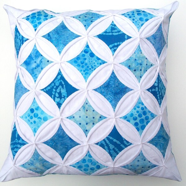 35% Off Sale Decorative Pillow Cover Blue Batik Cathedral Windows Throw Pillow Cover 18 Inches