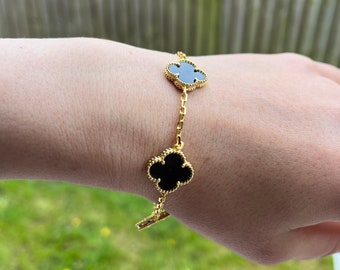 18k Gold Vermeil Clover Flower Bracelet, High-quality mother of pearl clover bracelet