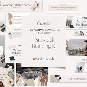 Puede incluir: Kit de branding Substack con 26 plantillas Canva y una guía. El kit de diseño incluye diseños para boletines, artículos y gráficos de redes sociales. La paleta de colores es neutra, con tonos beige y blanco.