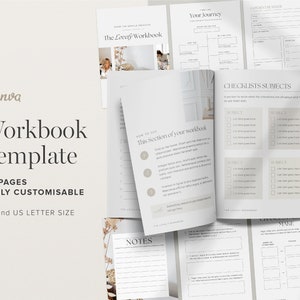 Può includere: Un modello di quaderno di lavoro con 60 pagine, completamente personalizzabile in formato A4 e US Letter. Il modello presenta un design minimalista con uno sfondo beige chiaro e testo nero. Il testo include "The Loewy Workbook", "This Section of your Workbook", "Checklists Subjects", "Your To Do List" e "Notes".