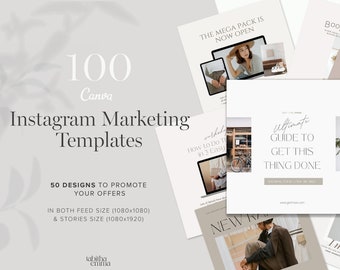 Instagram プロモーション用 Canva テンプレート 100 種類のフィードとストーリー グラフィック | セール、景品、発売、無料プレゼント