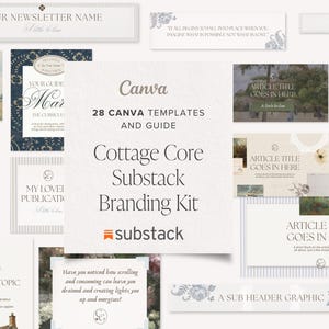 Puede incluir: Una colección de 28 plantillas de Canva y una guía para un kit de marca de Substack. El diseño presenta varios formatos con marcadores de posición de texto, ilustraciones florales y el logotipo de Substack en una paleta de colores neutros.
