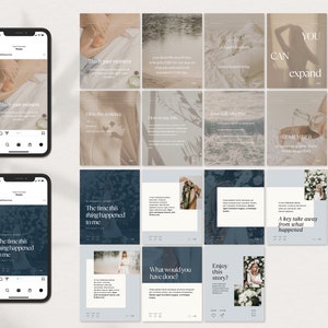 Op de afbeelding: Een collage van 12 Instagram-story-sjablonen met blauwe en beige achtergronden. De sjablonen bevatten tekstprompts zoals "De keer dat dit gebeurde", "Wat zou je hebben gedaan?", "Geniet van dit verhaal?", "Een belangrijk punt om mee te nemen uit wat er gebeurde", "Dus wat zou ik de volgende keer anders doen?", "Je kunt uitbreiden", "Onthoud", "Voel je ge&iuml;nspireerd!" en "Doe dit de volgende keer eerst".