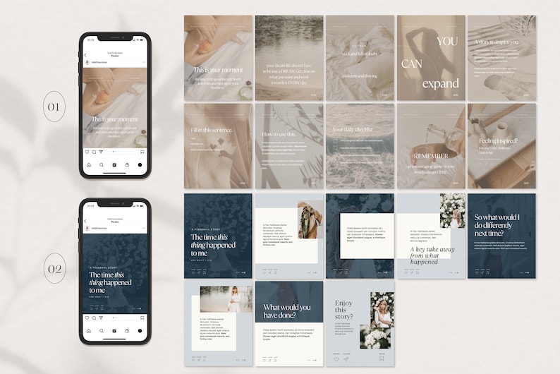 Op de afbeelding: Een collage van 12 Instagram-story-sjablonen met blauwe en beige achtergronden. De sjablonen bevatten tekstprompts zoals "De keer dat dit gebeurde", "Wat zou je hebben gedaan?", "Geniet van dit verhaal?", "Een belangrijk punt om mee te nemen uit wat er gebeurde", "Dus wat zou ik de volgende keer anders doen?", "Je kunt uitbreiden", "Onthoud", "Voel je ge&iuml;nspireerd!" en "Doe dit de volgende keer eerst".