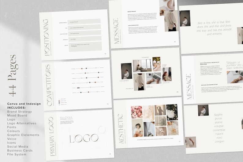 May include: A branding guide for a business with a minimalist aesthetic. The guide includes a logo, color palette, and mood board. The text "PRIMARY LOGO" and "LOGO" are visible on the page.