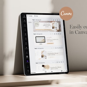 May include: A tablet screen displaying the Canva design platform with four pages of a digital guide. The pages include titles such as "Free Guide", "Get 87 Free Templates for your Graphics", "Download the 5-Minute Guide to do this", and "Download the Ultimate Guide to do this". The text "Easily editable in Canva." is displayed on the right side of the image.