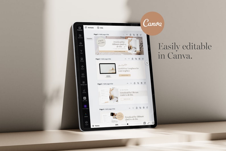 May include: A tablet screen displaying the Canva design platform with four pages of a digital guide. The pages include titles such as "Free Guide", "Get 87 Free Templates for your Graphics", "Download the 5-Minute Guide to do this", and "Download the Ultimate Guide to do this". The text "Easily editable in Canva." is displayed on the right side of the image.