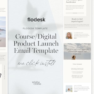 May include: A light blue and white email template for a digital product launch. The template features a woman in a white dress standing on a beach, the text "Course/Digital Product Launch Email Template", and the text "Ready to transform your business?"