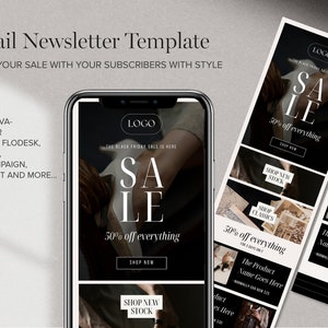 May include: A black and white email newsletter template with the text "SALE" in large white letters. The template features a photo of a hand holding a shoe, and the text "50% off everything". The template is designed for use with email marketing platforms such as Mailchimp, Flodesk, and ActiveCampaign.