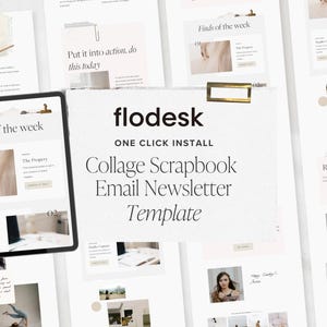 Pode incluir: Um modelo de newsletter de e-mail digital de scrapbook de colagem da Flodesk. O design apresenta um tablet exibindo um layout de newsletter com o texto "Finds of the week". Páginas adicionais mostram elementos de design e o texto "The Happy Creator".