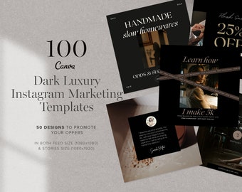 Dark Mode Instagram Promotional Canva Templates 100 Luxury Feed and Stories Graphics | Sales, giveaways, launches, freebies