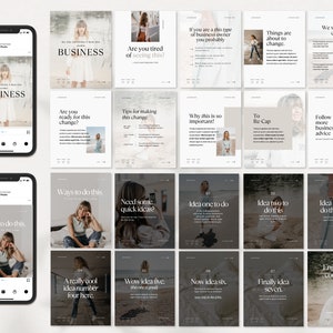 Op de afbeelding: Een reeks van 16 Instagram-story-sjablonen met een lichtgrijze achtergrond en witte tekst. De sjablonen tonen een vrouw in verschillende poses en bevatten tekst zoals "Ben je het zat om dit te zien?", "Waarom is dit zo belangrijk!" en "Manieren om dit te doen".