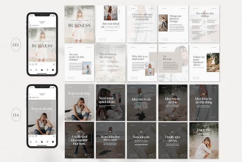 Op de afbeelding: Een reeks van 16 Instagram-story-sjablonen met een lichtgrijze achtergrond en witte tekst. De sjablonen tonen een vrouw in verschillende poses en bevatten tekst zoals "Ben je het zat om dit te zien?", "Waarom is dit zo belangrijk!" en "Manieren om dit te doen".