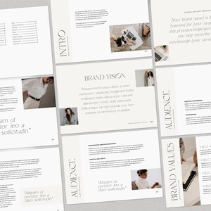 May include: A branding guide template with a minimalist design. The pages feature text about brand vision, audience, and brand values. The text is in a simple, sans-serif font. The pages are white with black text and images of people.