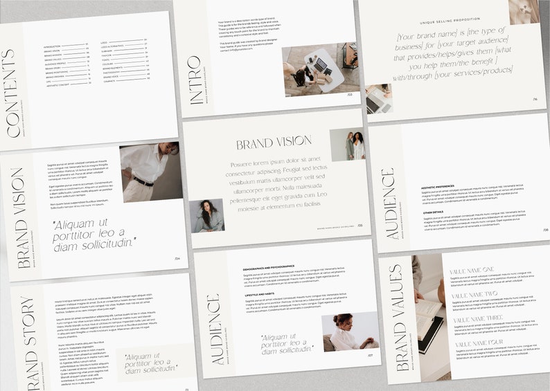May include: A branding guide template with a minimalist design. The pages feature text about brand vision, audience, and brand values. The text is in a simple, sans-serif font. The pages are white with black text and images of people.