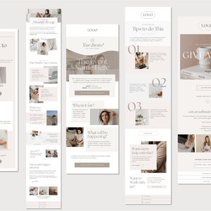 K&ouml;nnte beinhalten: Eine Sammlung von E-Mail-Vorlagen mit minimalistischem Design. Die Vorlagen verf&uuml;gen &uuml;ber eine neutrale Farbpalette mit Text und Bildern. Der Text enth&auml;lt S&auml;tze wie "It's about to close" und "Giveaway". Das Layout ist sauber und modern, geeignet f&uuml;r verschiedene Marketingzwecke.
