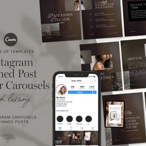 May include: A digital marketing template for Instagram featuring a dark luxury aesthetic. The template includes a profile banner, pinned posts, and carousels. The text "Instagram Pinned Post Banner Carousels" is displayed in a white font on a dark gray background.