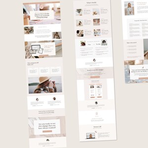 May include: A long sales page made with 24 sections in Canva. The page features a woman in a hat and a beige coat, a laptop, and a phone. The text on the page says "Long Sales Page Made of 24 Sections on Canva".