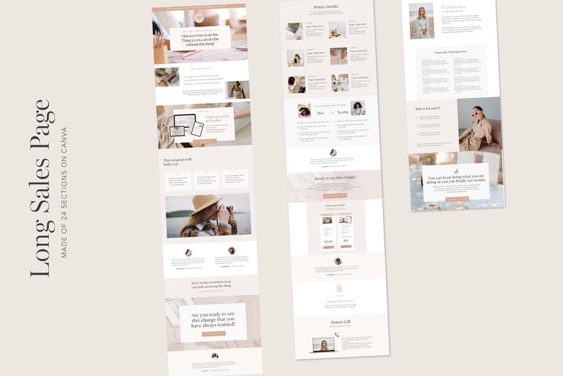 May include: A long sales page made with 24 sections in Canva. The page features a woman in a hat and a beige coat, a laptop, and a phone. The text on the page says "Long Sales Page Made of 24 Sections on Canva".