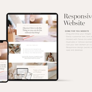 May include: A mockup of a website design for a course or product. The website is responsive and can be viewed on mobile devices. The website features a drag-and-drop interface for easy customization. The website is hosted on Canva, so no external hosting is required. The website can be customized with text, fonts, and colors. The website can be duplicated or removed to create a custom website. The website can be used with a custom domain or a Canva domain.