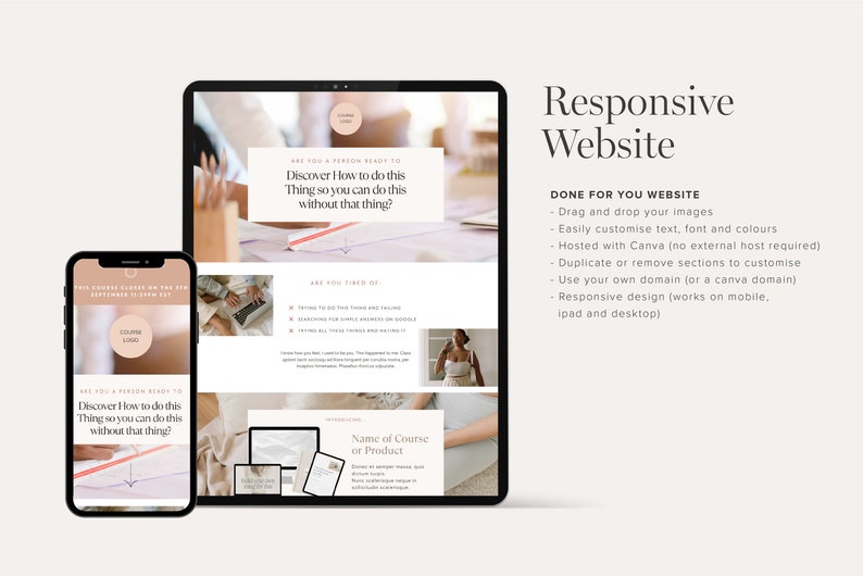 May include: A mockup of a website design for a course or product. The website is responsive and can be viewed on mobile devices. The website features a drag-and-drop interface for easy customization. The website is hosted on Canva, so no external hosting is required. The website can be customized with text, fonts, and colors. The website can be duplicated or removed to create a custom website. The website can be used with a custom domain or a Canva domain.