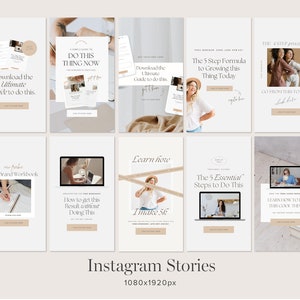 May include: A set of nine Instagram story templates with a minimalist design featuring a neutral color palette. The templates include text such as "Download the Ultimate Guide to do this", "Do This Thing Now", "The 5 Step Formula to Growing this Thing Today", "The Brand Workbook", "Learn how I make $k", "The 5 Essential Steps to Do This", and "Learn how to do this cool thing too".