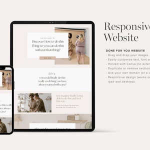 May include: A mockup of a website design on a tablet and phone. The website is for a business that helps people learn how to do things. The website is designed in a minimalist style with a light brown background and white text. The text on the website says "Discover how to do this thing so you can do this without that thing?" and "What if you could finally do this really cool thing you have always wanted with case?"