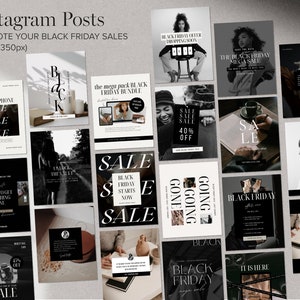 May include: A collection of 15 black and white Instagram post templates for promoting Black Friday sales. The templates feature various text overlays, including "Black Friday Offer Dropping Soon", "The Black Friday Mega Sale", "Sale Sale Sale 40% Off", "Black Friday Starts Now", "Going Going Gone", "Black Friday", "35% Off", and "It Is Here".