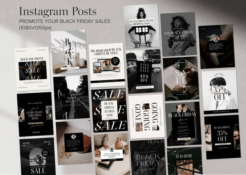 May include: A collection of 15 black and white Instagram post templates for promoting Black Friday sales. The templates feature various text overlays, including "Black Friday Offer Dropping Soon", "The Black Friday Mega Sale", "Sale Sale Sale 40% Off", "Black Friday Starts Now", "Going Going Gone", "Black Friday", "35% Off", and "It Is Here".