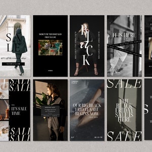 May include: A collection of nine Instagram story templates for Black Friday sales. The templates feature a black background with white text and graphics. Some of the templates include images of people, products, and text overlays. The text on the templates includes phrases like "Black Friday Sale", "It's Sale Time", and "The Black Friday Sale is Here".