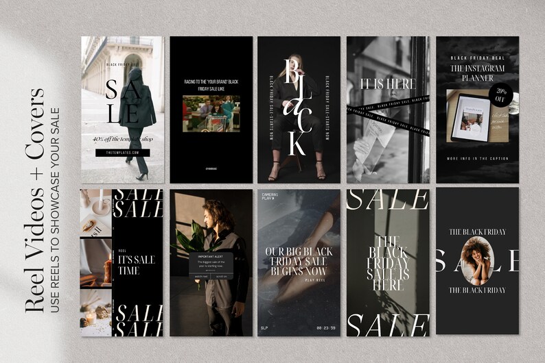 May include: A collection of nine Instagram story templates for Black Friday sales. The templates feature a black background with white text and graphics. Some of the templates include images of people, products, and text overlays. The text on the templates includes phrases like "Black Friday Sale", "It's Sale Time", and "The Black Friday Sale is Here".