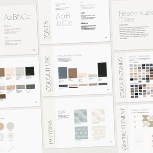 May include: A branding guide with a color palette, font choices, patterns, and graphic elements. The color palette includes shades of brown, gray, and blue. The fonts are a serif font and a sans-serif font. The patterns are geometric and abstract. The graphic elements include circles, stars, and waves.