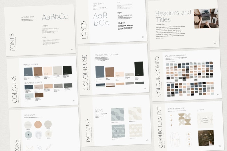 May include: A branding guide with a color palette, font choices, patterns, and graphic elements. The color palette includes shades of brown, gray, and blue. The fonts are a serif font and a sans-serif font. The patterns are geometric and abstract. The graphic elements include circles, stars, and waves.