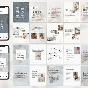 Op de afbeelding: Een reeks van 12 Instagram-story-sjablonen met een lichtgrijs en wit kleurenschema. De sjablonen bevatten tekst over het cre&euml;ren van groei, het transformeren van content en het opbouwen van een bedrijf. De tekst is in een modern, minimalistisch lettertype.