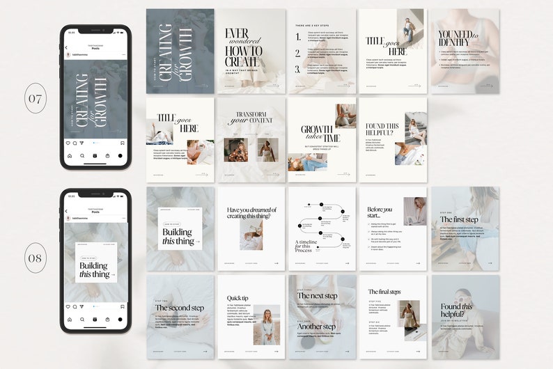 Op de afbeelding: Een reeks van 12 Instagram-story-sjablonen met een lichtgrijs en wit kleurenschema. De sjablonen bevatten tekst over het cre&euml;ren van groei, het transformeren van content en het opbouwen van een bedrijf. De tekst is in een modern, minimalistisch lettertype.