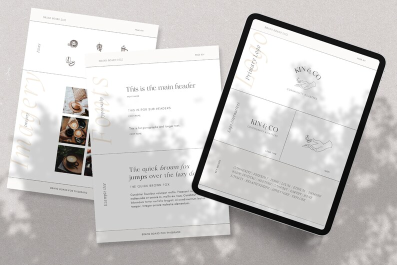 May include: A digital tablet displaying a brand board for a company called "Kin & Co." The board features a primary logo with the text "Kin & Co." and a hand holding a small circle. The board also includes a secondary logo with the text "Kin & Co." and a hand holding a small circle. The board also includes a list of brand values, including "community", "quality", "ethical", "design", "calm", "digital", "modern", "joy", "future", "enquiry", "relationships", "appreciation", "style", and "evolve."