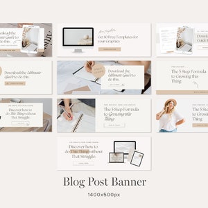 May include: A collection of blog post banner templates featuring a minimalist aesthetic with a neutral color palette. The banners include text such as "Download the Ultimate Guide to do this", "The 5 Step Formula to Growing this Thing", and "Discover how to do This Thing without That Struggle".