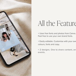 Peut inclure: Un smartphone affiche une publication sur les r&eacute;seaux sociaux avec le texte "new video you will love". L'image pr&eacute;sente une personne et le mot "Noir". Le texte &agrave; droite &eacute;num&egrave;re les fonctionnalit&eacute;s, y compris les polices et photos gratuites, et une modification facile.
