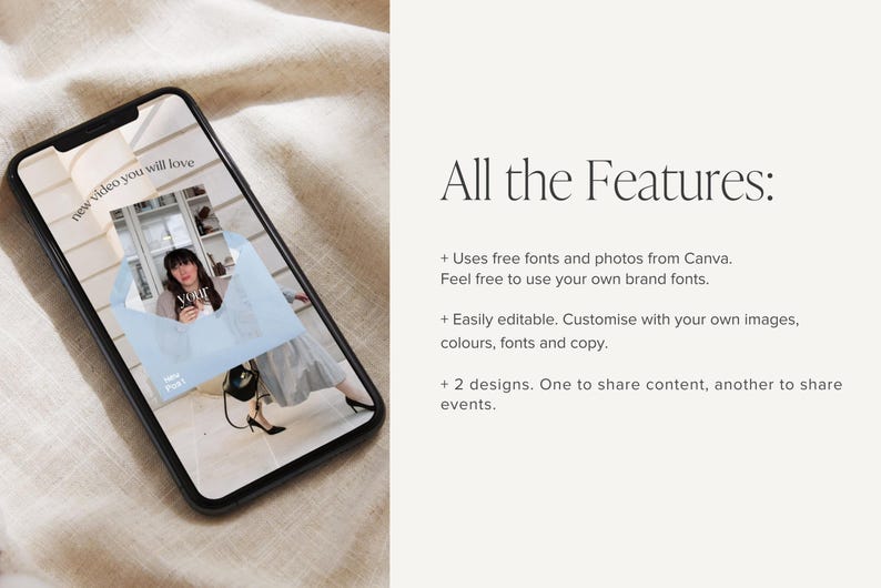 Peut inclure: Un smartphone affiche une publication sur les r&eacute;seaux sociaux avec le texte "new video you will love". L'image pr&eacute;sente une personne et le mot "Noir". Le texte &agrave; droite &eacute;num&egrave;re les fonctionnalit&eacute;s, y compris les polices et photos gratuites, et une modification facile.