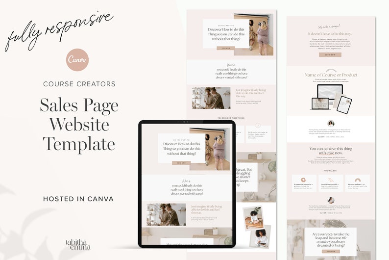 May include: A pink and white website template for course creators. The template features a laptop screen with a website design that includes a header with the text "Discover How to do this Thing so you can do this without that thing?" and a photo of a woman in a white shirt and pajamas. The website also includes a section with the text "You can achieve this thing with ease now." and a photo of a woman in a white shirt and pajamas. The template is hosted in Canva.
