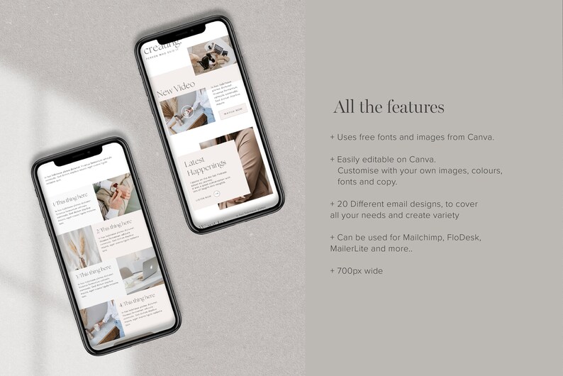 K&ouml;nnte beinhalten: Zwei Smartphones zeigen ein Website-Design mit neutraler Farbpalette. Die Website enth&auml;lt Abschnitte f&uuml;r ein neues Video und aktuelle Ereignisse. Der Text auf der rechten Seite listet Funktionen auf, darunter Canva-Integration und E-Mail-Designs.