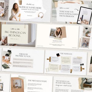 May include: A collection of digital presentation slides with a neutral color palette. The slides feature text, images of a woman, and graphics. Text includes "Module Name Here", "Big Things Can Be Done", and "This is my promise to you."