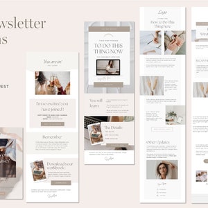 K&ouml;nnte beinhalten: Ein digitales Design mit 20 Newsletter-Vorlagen mit verschiedenen Layouts. Die Designs umfassen Abschnitte f&uuml;r Redaktionelles, Tipps und Werbeaktionen. Die Farbpalette ist neutral mit Beige- und Wei&szlig;t&ouml;nen und enth&auml;lt S&auml;tze wie "Genie&szlig;en Sie Ihren Einkauf?" und "Dies jetzt tun."