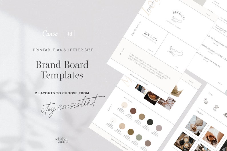 May include: Printable brand board templates in A4 and letter size with two layouts to choose from. The templates feature a minimalist design with a neutral color palette and a handwritten font. The text "stay consistent" is written in a handwritten font. The brand name "KIN & CO" is featured in a simple, elegant font.