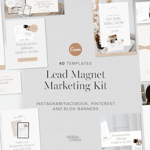 May include: A collection of 40 templates for lead magnet marketing. The templates are designed for use on Instagram, Facebook, Pinterest, and blog banners. The templates feature a minimalist aesthetic with a neutral color palette of beige, brown, and white. The text on the templates includes phrases like "Download the Ultimate Guide to do this", "Learn how I make 5k", and "The 3 Step Process to do this thing without that thing".
