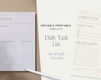 Daily Task Planner Template Canva: Editable Printable Habit Goal Task Plan (A4 A5 US Letter Size)