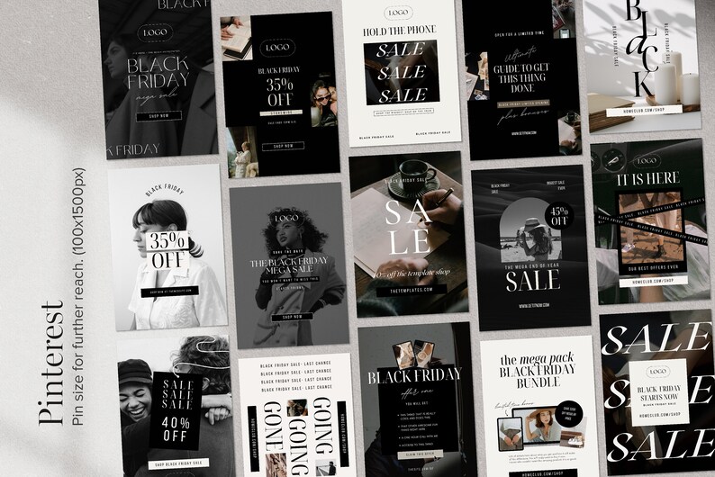 May include: A collection of 12 black and white social media graphics for Black Friday sales. The graphics feature text such as "Black Friday Sale", "Hold the Phone", "The Black Friday Mega Sale", "It is Here", "Going, Going, Gone", and "The Mega Pack Black Friday Bundle".