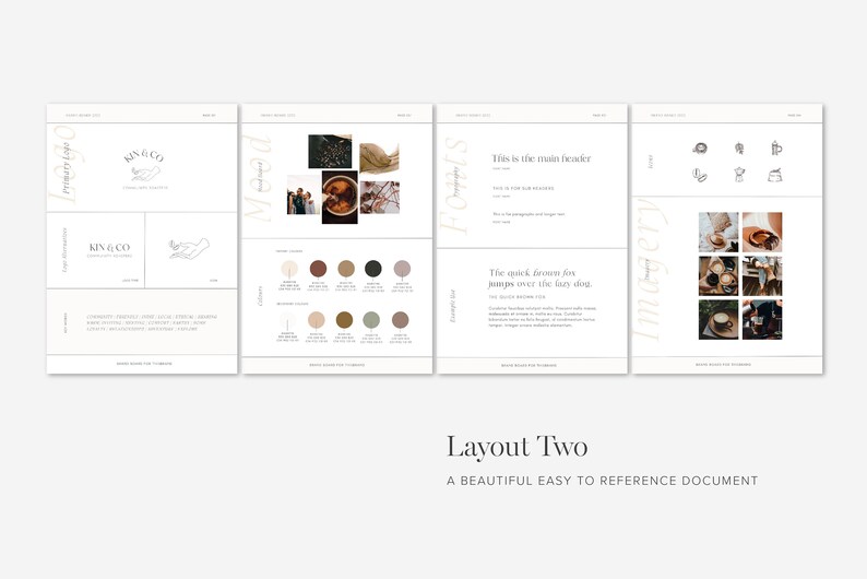 May include: A branding guide for a company called "KIN & CO." with a logo of a hand holding a leaf. The guide includes a color palette, typography, and imagery.