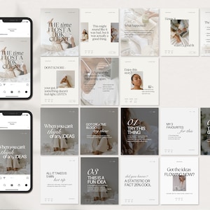 Op de afbeelding: Een verzameling van 12 Instagram-posttemplates met een minimalistische esthetiek. De templates hebben een neutrale kleurenpalet met zwarte tekst en afbeeldingen van een vrouw. De tekst bevat zinnen zoals "De keer dat ik een klant verloor", "Wanneer je niet kunt denken aan idee&euml;n", en "Zijn de idee&euml;n nu aan het stromen?"