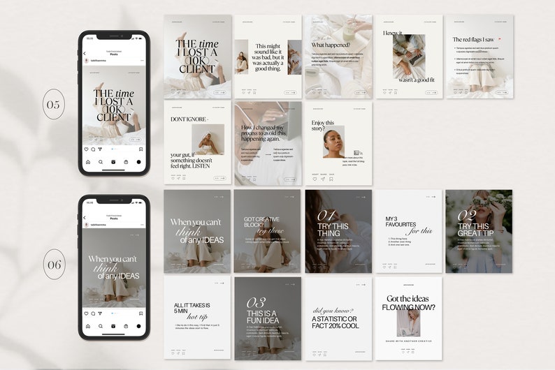 Op de afbeelding: Een verzameling van 12 Instagram-posttemplates met een minimalistische esthetiek. De templates hebben een neutrale kleurenpalet met zwarte tekst en afbeeldingen van een vrouw. De tekst bevat zinnen zoals "De keer dat ik een klant verloor", "Wanneer je niet kunt denken aan idee&euml;n", en "Zijn de idee&euml;n nu aan het stromen?"